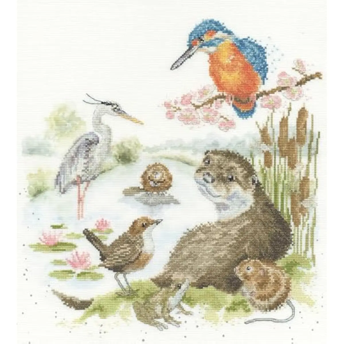 Bothy Threads The Water's Edge Counted Cross-Stitch Kit - DIY Needlework Craft for Toys & Hobbies Enthusiasts, Featuring Playful Bird, Otter, Beaver, Kingfisher Designs