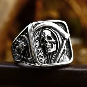 Gothic Stainless Steel Men's Ring, Hip-hop Punk Style Death Skull Geometric Square Ring Jewelry