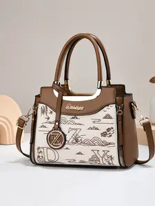 Elegant & Letter Print Tote Bag, Retro Chinese Style Embroidery Shoulder Purse, 2-Way Carry Handbag, PU Leather Crossbody Bag for Women