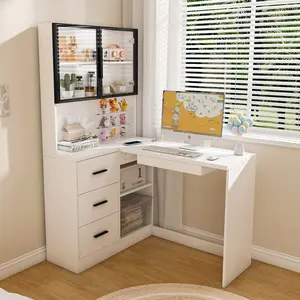 Computer Desk with Glass Cabinets & Built-In LED Lights, Corner L-Shaped Office Desk with USB Charging Ports, Keyboard Tray, Ergonomic Design for Home and Corporate Workspaces(White)