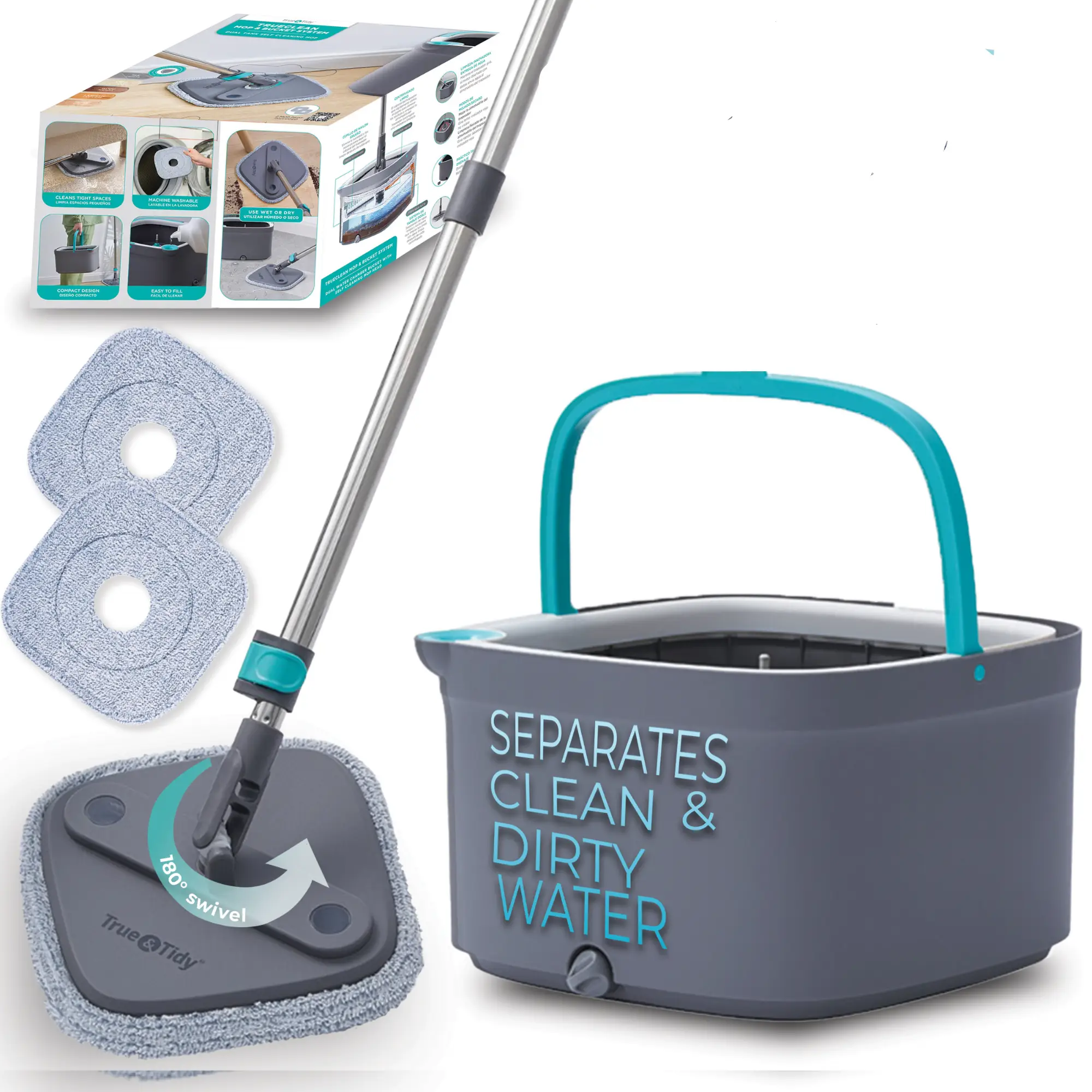 True & Tidy Spin Mop System: Dual compartments for clean/dirty water, built-in brush, thick microfiber pads, machine washable, perfect for homes mop R