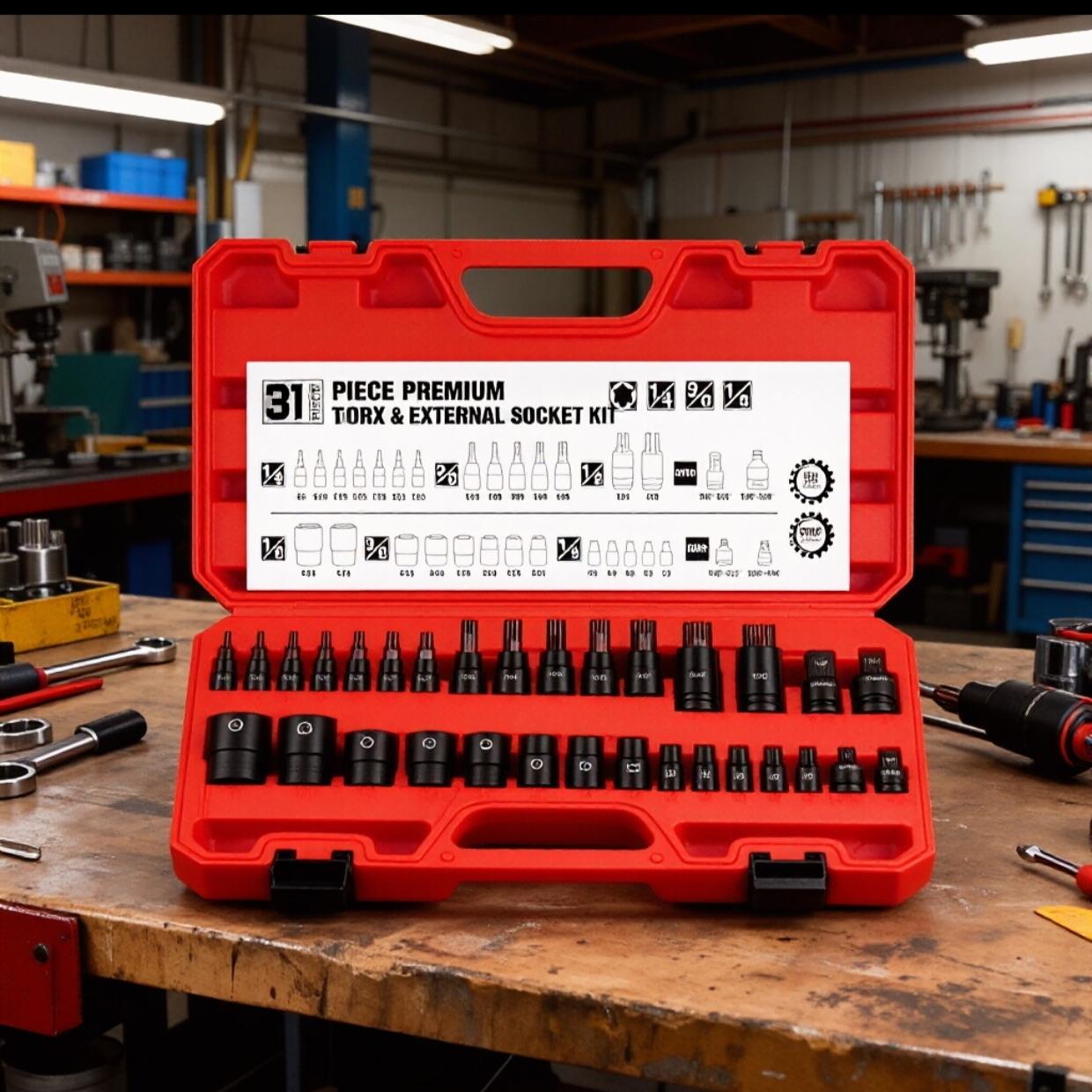 31-Piece Torx Bit Socket and External Torx Socket Set，E-Type Sockets, Torx Sockets, External Torx (T30, T40, T50), Internal Torx (E8, E10, E12, E14), and Torx Bits
