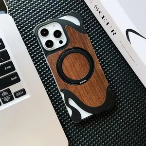Natural Walnut Metal Frameless Magnetic Protective Casing - Rotating Stand Smartphone Accessory for iPhone 17 Pro Max, iPhone 16 Pro, Cellphone & Handheld Devices Accessories