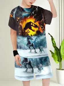 Boys' Fashion Dinosaur Print 3D Printed Casual Short Sleeve Tee Shirt & Shorts Set, Outdoor Sports for Spring & Fall Seasons