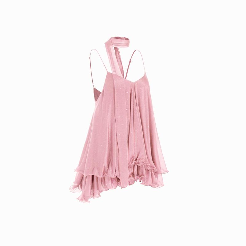 Cider Sequin V-Neck Halter Ruffled Hem Oversized Mini Dress With Scarf