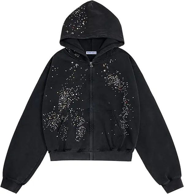 Y2K Crystal Star Rhinestone Zip Up Hooded Jacket, Unisex Loose Pocket Casual Sweatshirts for Women Men