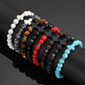 Beads Cross Bracelet for Women Men Natural Stone Elastic Link Prayer Bracelet for Boy Girls