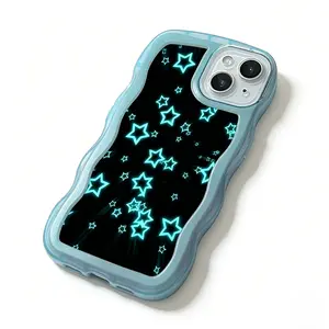 Y2K Glow Star Phone Case, Cute Wavy Curly Frame Shockproof Cover with Raised Camera Protection, Soft TPU Electroplated Protective Case for iPhone 16/15/14/13/12 Pro Max - Blue