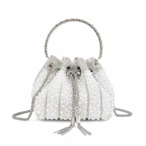 Pearl Embellished Handbag for Women – Small Silver Evening Bag with Metal Handle and Chain, Perfect for Party, Wedding, Work, Travel, or Gift