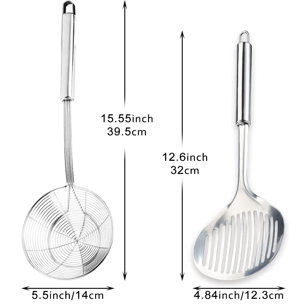 2 Pack Stainless Steel Spider Strainer Skimmer Ladle for Cooking and Frying, Kitchen Utensils Wire Strainer Pasta Spoon Hanging Quick Straining