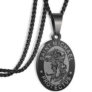 miguel sam necklace Oval Saint Christopher/Michael/Joseph/Virgin Mary/Florian/Jude Pendant Medal Necklace, Catholic Stainless Steel Wheat Chain 24 Inches