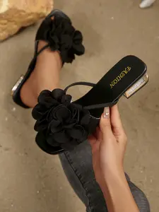 New Fashion Floral Square Toe Low Heel Sandals, Fancy Sandals, Rhinestone High Heel Shoes, Perfect for Weddings, Dates, Vacations, Comfortable, Elegant Party Footwear