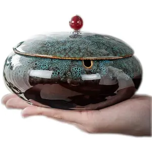 5.7" Ceramic Lidded Windproof Cigarette Ashtray Ash Holder for Smokers, Indoor Outdoor Use, Desktop Decoration for Home Office