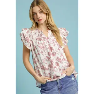 Umgee Full Size Two Tone Boxy Cut Floral Print Blouse Plus Size