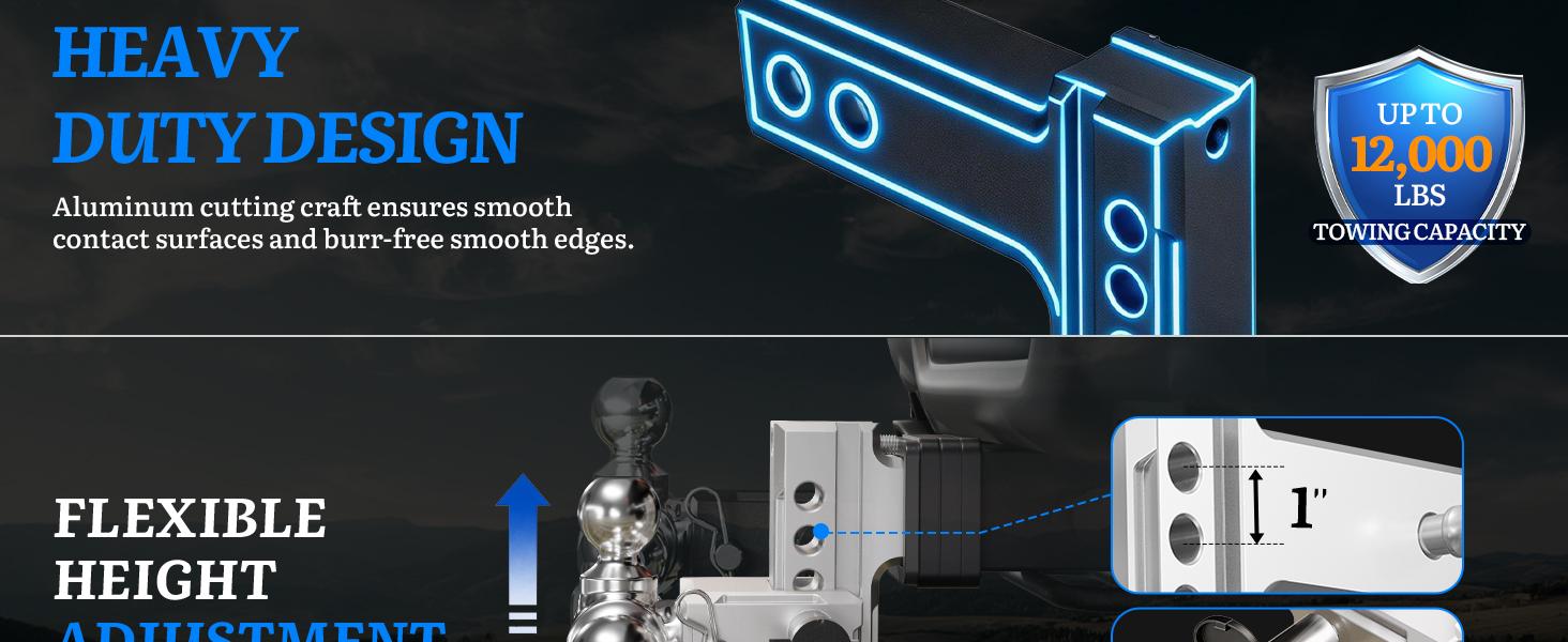 Adjustable Trailer Hitch - Fits 2.5" Receiver, Tri-Ball Mount & Hook (1-7/8", 2" & 2-5/16"), 8" Drop/Rise Tow Hitch, Aluminum Heavy Duty Truck Hitches for Trailer, 12,000 LBS GTW, Slivery Adjustable Trailer Hitch - Fits 2.5" Receiver, Tri-Ball Mount & Hook (1-7/8", 2" & 2-5/16"), 8" Drop/Rise Tow Hitch, Aluminum Heavy Duty Truck Hitches for Trailer, 12,000 LBS GTW, Slivery