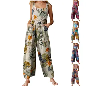 YeeZaa Women's Patchwork Double Pocket Jumpsuit Loose Floral Print Bohemian Wide Leg Bib Womenswear Button