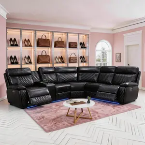 Luxury Sofa Dark Breathable Semi PU Leather Living Room Left Side Recliner Multifunctional Sofa Set
