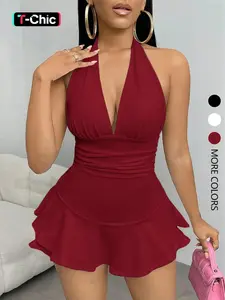 VYBE Women's Simple Solid Backless Halter One-Piece Romper, Outfit, Ruffled Hem, Sleeveless, Casual Summer, Fashionable, Chic, Aesthetic and Comfortable, Minimalist