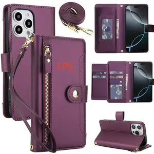 PU Leather Wallet Case for iPhone 17/16/15/14/plus/pro Max, Cash, Stand & Crossbody Design, Zipper Closure, Wrist Strap Included