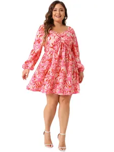 Agnes Orinda Plus Size Women's Sweetheart Neckline Dress Puff Long Sleeve Smocked Chiffon A Line Floral Dresses Pink