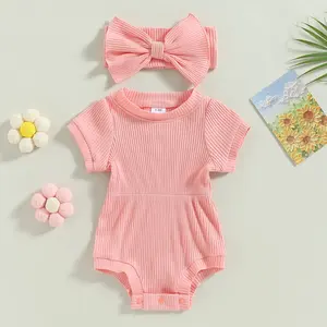 Newborn Baby Girl 2 Piece Outfits Short Sleeve Knit Jumpsuit Romper with Headband Summer Clothes
