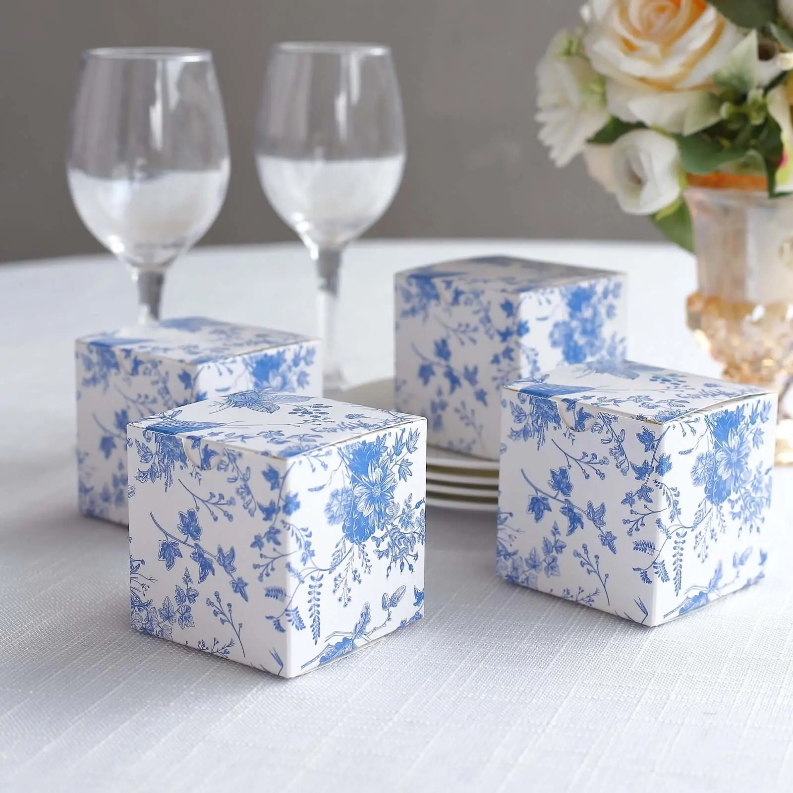 25-Pack French Toile Pattern White Blue Cardstock Gift Packaging Boxes, Gift Wrapping Supplies for Party Shower Candy - 3"x3"x3", Gift Packaging Box