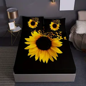 3-Piece Fitted Sheet Set, Sunflower Print Polyester Bedding Set, Suitable for Bedroom Guest Room Hotel (1 * Fitted Sheet + 2 * Pillowcases, Core Not Included)