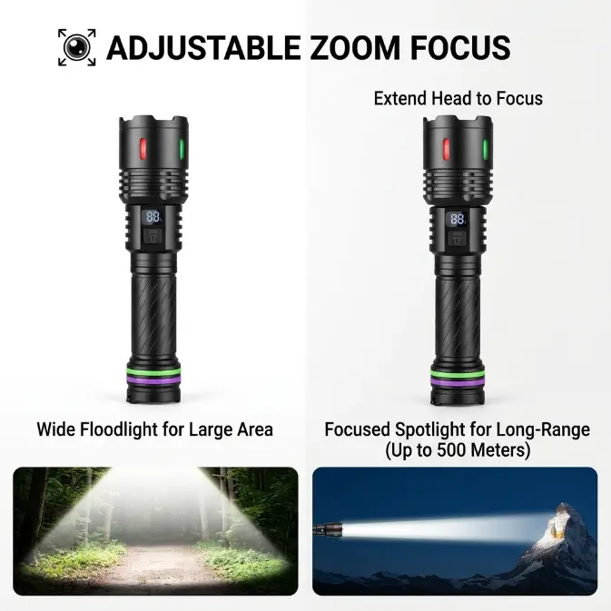 Rechargeable Tactical Flashlight - Aluminum Alloy Body, Compact Handheld Fit, High Output Zoom Beam, Digital Power Display, Fast Charging, IPX4 Water Resistant, 100m Lighting Distance, Tactical Look for Camping Emergencies, Outdoor