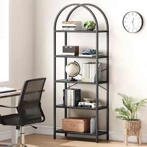 Garvee 5-Tier Arched Bookshelf with Industrial Farmhouse Metal Frame, 71" Tall Modern Storage and Display Rack for Living Room, Bedroom, and Home Office, Available in Grey and Gold Finishes