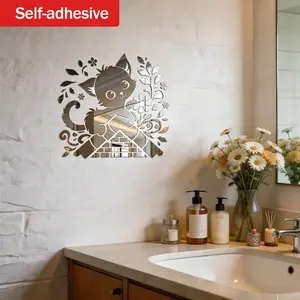 Floral Cat Mirror Art Self-Adhesive Wall Hanging Makeup Mirror, Theme Decorative Wall Mirror, Living Room Bedroom Fun Cure Style Decoration