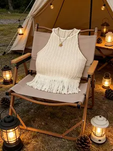 Summer Vacation Casual Style Fringe Halter Knit Vest, New American Women Hot Girl Sleeveless Top, Crochet Texture Navel Short Fitted Tank