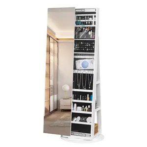 Jewelry Armoire with Full Length Mirror 360° Rotation,Large Capacity Lockable Jewelry Organizer Cabinet with Multi Storage Shelves, Earring Slots, Ring Holders & Necklace Hooks - Standing Floor Mirror Jewelry Storage