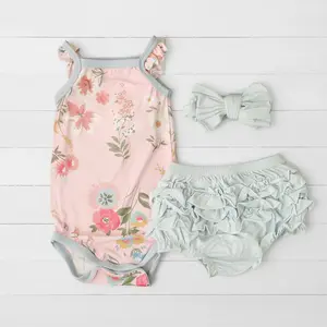 Bestaroo Ditzy Floral Ruffle Bloomer Set – Baby Girl Summer Outfit with Onesie, Ruffle Bloomers & Headband, Soft Bamboo Spandex, Newborn-24M
