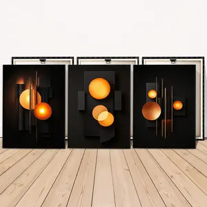 3 Counts Wooden Framed Canvas Painting, Modern Geometric Abstract Orange Circle Art, Exquisite Poster, Perfect Living Room Decoration, Modern Art, Fashion Family Poster, Wall Art Decoration, Modern Home Decoration, Waterproof Art