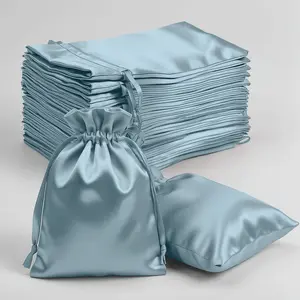 60 Pack Dusty Blue Satin Wedding Party Favor Bags, Drawstring Pouch Gift Bags 4"x6"