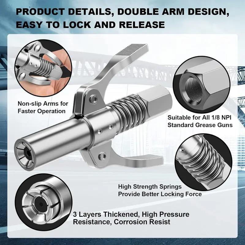 Locking Grease Gun Coupler with Flexible Hose, Leak-Proof Quick Release 6-Jaw Grease Gun Tip for 1/8" NPT Fittings, Rated 10000 PSI for Manual Pneumatic Battery Grease GunsAdjustable Stainless Steel Tool Set Locking Grease Gun Coupler with Flexible Hose, Leak-Proof Quick Release 6-Jaw Grease Gun Tip for 1/8" NPT Fittings, Rated 10000 PSI for Manual Pneumatic Battery Grease GunsAdjustable Stainless Steel Tool Set