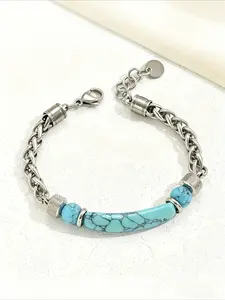 1 Piece of Retro Stainless Steel Chain Splicing Imitation Turquoise Bracelet for Men, Simple and Non Fading Casual Versatile Bracelet