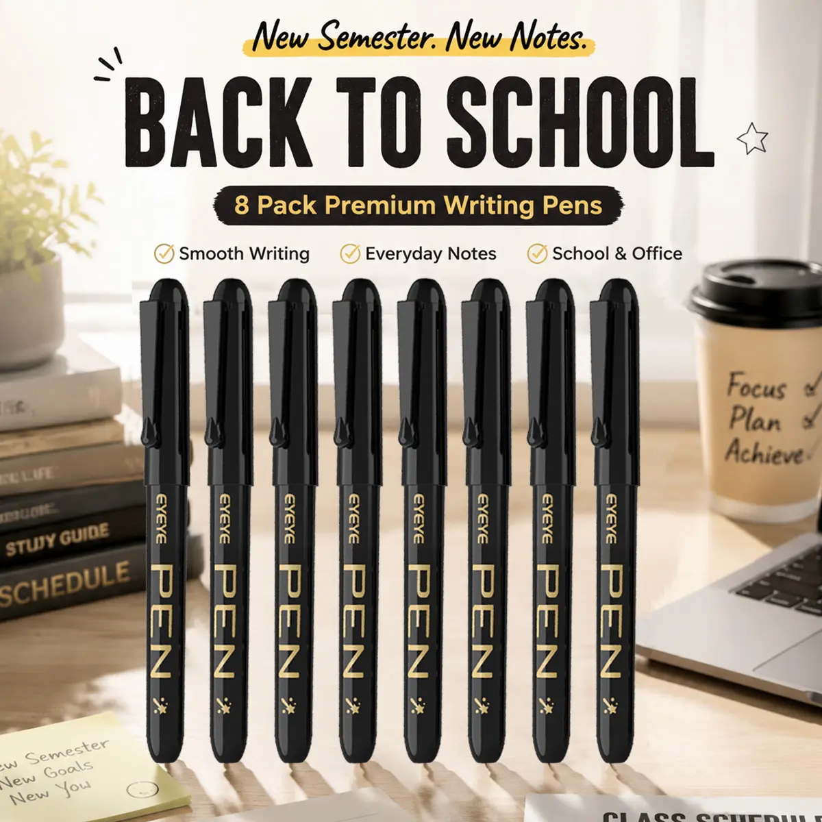 EYEYE 8-Pack Disposable Fountain Pens, Fine Stainless Steel Nib with Visible Ink, Smooth Writing Pens for Calligraphy, Office, Classroom – Summer Wins, Back to School Shopping
