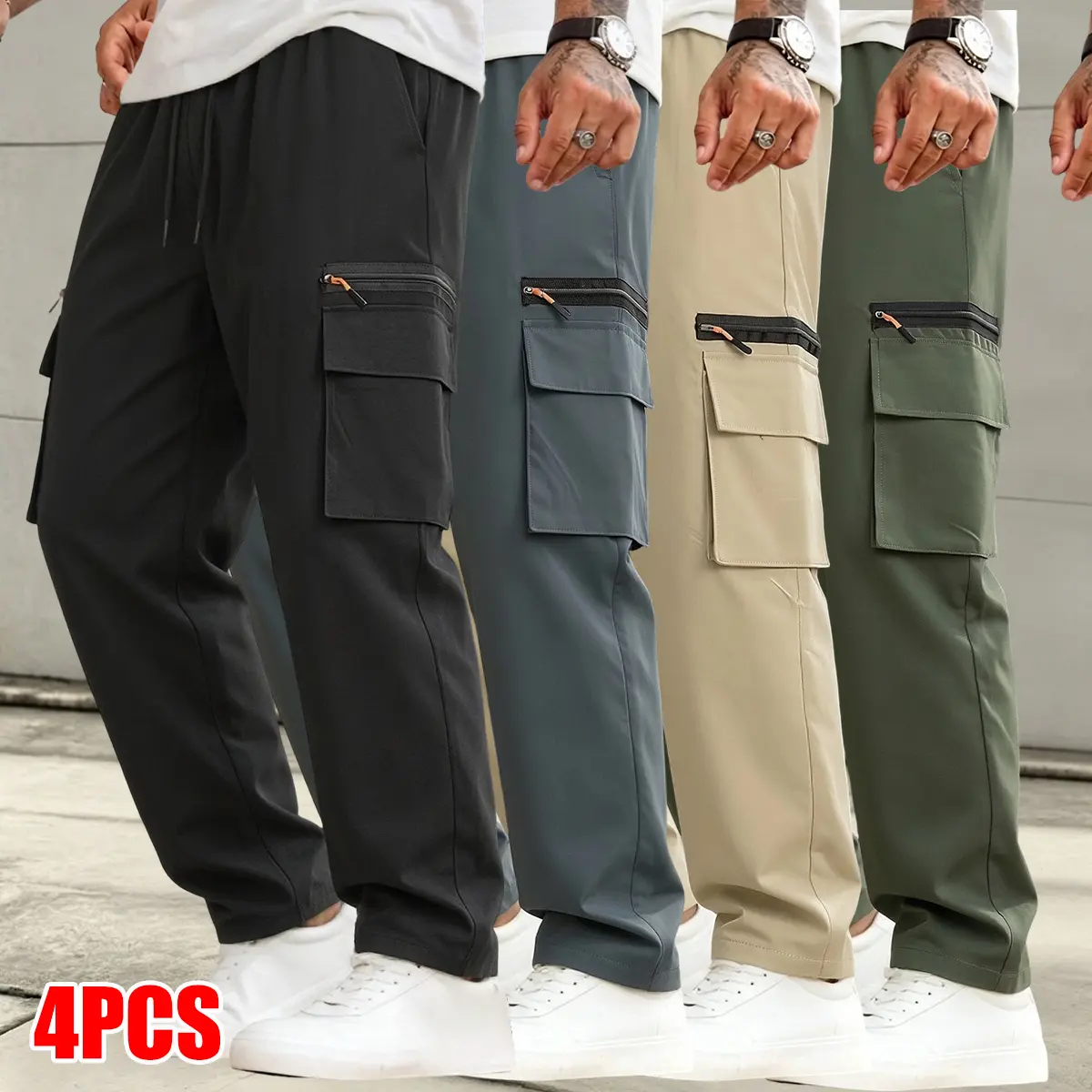 Men's 4pcs Loose-Fit Cargo Pants with Elastic Drawstring Waistband & Multiple Pockets - Solid Color Work Pants for Outdoor Activities, Spring/Fall Season, Machine Washable (Teens & Adults)