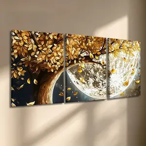 3 Pcs/Set Wooden-Framed Canvas Painting, Golden Tree of Life with Moon Canvas Wall Art, Magical Night Sky & Gold Foil Print, Art Prints, Luxury for Living Room, Bedroom, Office, Modern Home Decor, Artistic Ornaments, Artwork