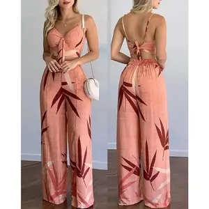 Tropical Print Spaghetti Strap Casual Lace up Back Top &High Waist Pants Set