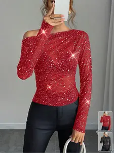 Women's Sequined Mesh Off-Shoulder Fitted Top, Long Sleeve Ruched Party Blouse, Sexy Chic Streetwear for Night Out, Bar, Club, Date