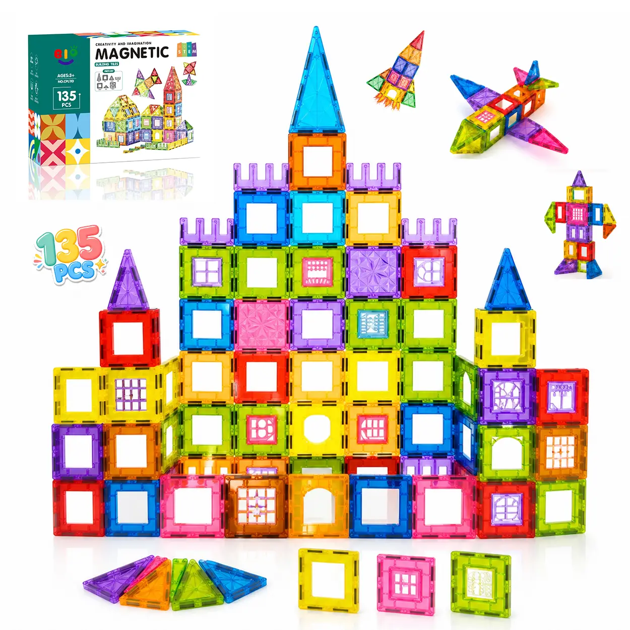 Magnetic Tiles, 135PCS Magnetic Blocks Set, 4D Diamond Magnet Building Blocks, STEM Preschool Educational Magnet Toys Gift for Kids, Boys and Girls 3 4 5 6 7 8+ Year Old