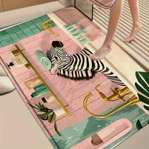Funny Zebra Bathing Pattern Non Slip Flannel Floor Mat Creative Animal Print Rug High Quality Absorbent Doormat Multiple Size Options For Bathroom Bedroom Living Room Entrance Home Decor Non-Slip Indoor water