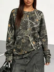 Street fashion vintage women's tree pattern camouflage full-print draped shoulder loose pullover, casual long-sleeved round-neck sweater for spring, autumn and winter, daily wear women's clothing