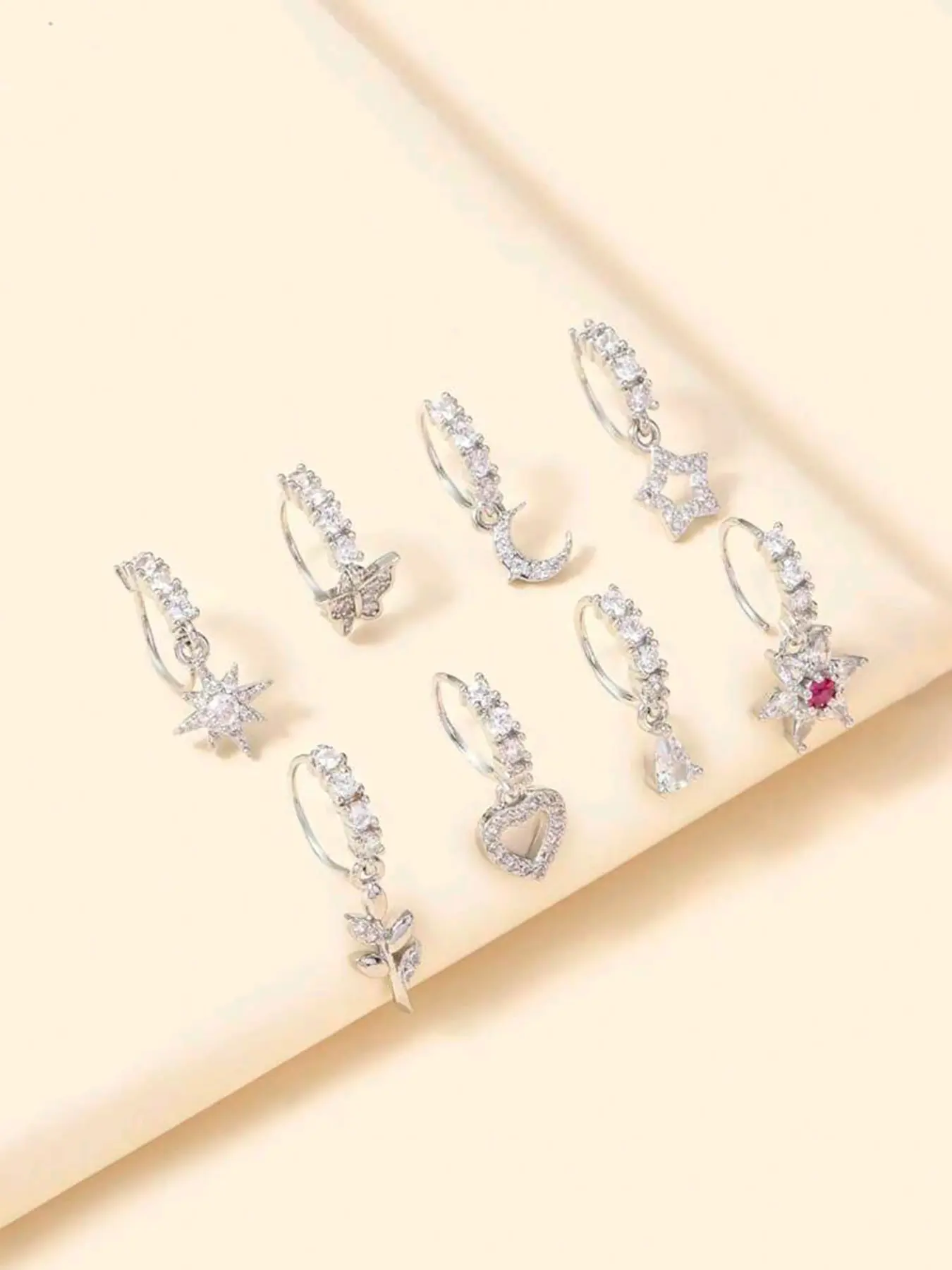 Set of 8 Cz Cubic Zirconia Soft Cartilage Stud Earrings, Butterfly Heart Moon Flower Cross Star Designs, Elegant Nose Rings for All Seasons, Body Piercing Jewelry, Piercings Jewelry