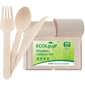 300 Count Disposable Wooden Cutlery Set-100 Knives, 100 Forks and 100 Spoons, Splinter-Free Compostable Wooden Disposable Utensils for Party, Camping, Traveling, Family Dinners