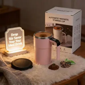 Self Stirring Coffee Mug 14fl.oz, 316 Stainless Steel Mug with Temperature Display, Automatic Magnetic Mixing Cup for Coffee Milk powder, 250mAh Battery Powered for Office Gym Home,Pink