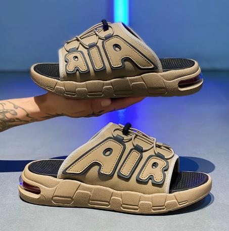 AIR Letter Air Cushion Thick Sole Slide Sandals Red/Black Color Block Drawstring Single Strap Unisex Sport Style Outdoor Slippers