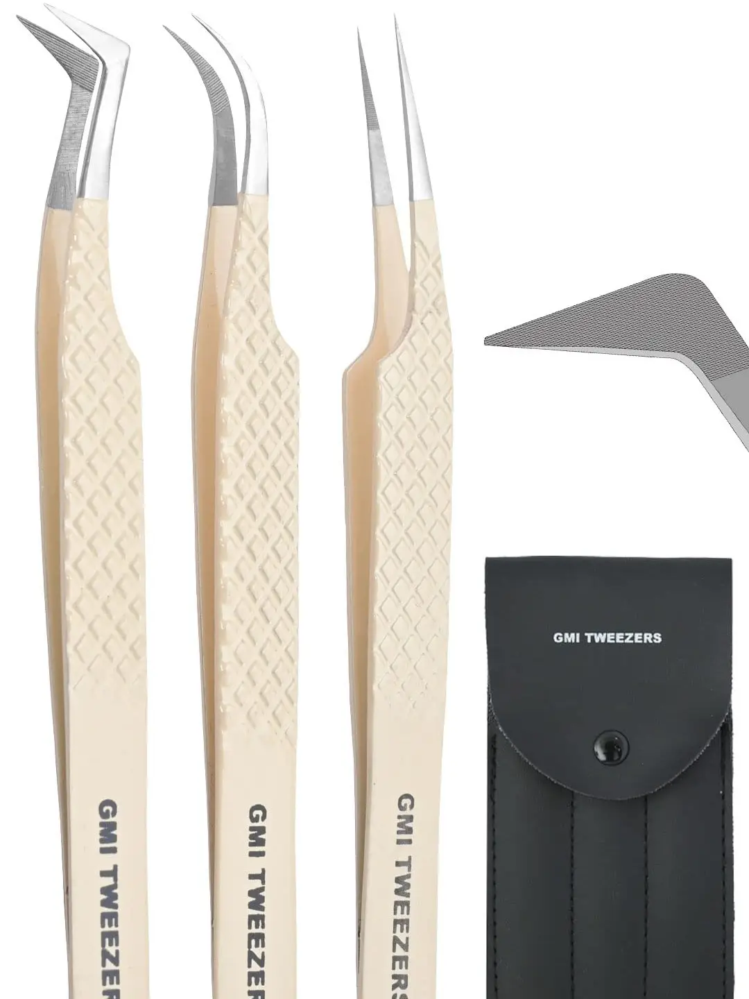 Fiber Tip Lash Tweezers- Pack of 3 Eyelash Extension Tweezers Professional- Lash Tweezers. (Light Nude)